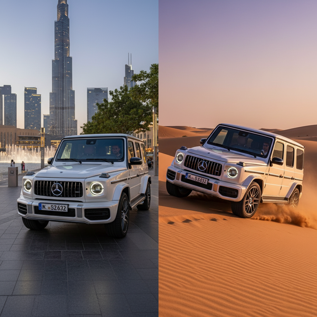 A white Mercedes Benz G-Class SUV parked in an urban setting with skyscrapers in the background on the left, and driving through a desert with sand dunes on the right.