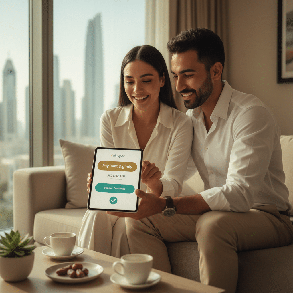 A couple sitting on a couch, smiling, holding a tablet displaying a digital rent payment confirmation for AED 3,900.00. The room features a modern interior with a cityscape visible through a large window.