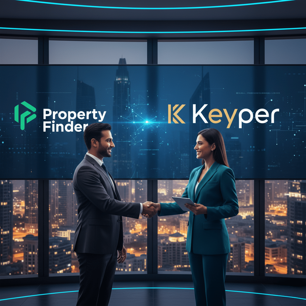 A man and woman in business attire shake hands in a modern office with cityscape views. Above them, logos for "Property Finder" and "Keyper" are displayed on digital screens.
