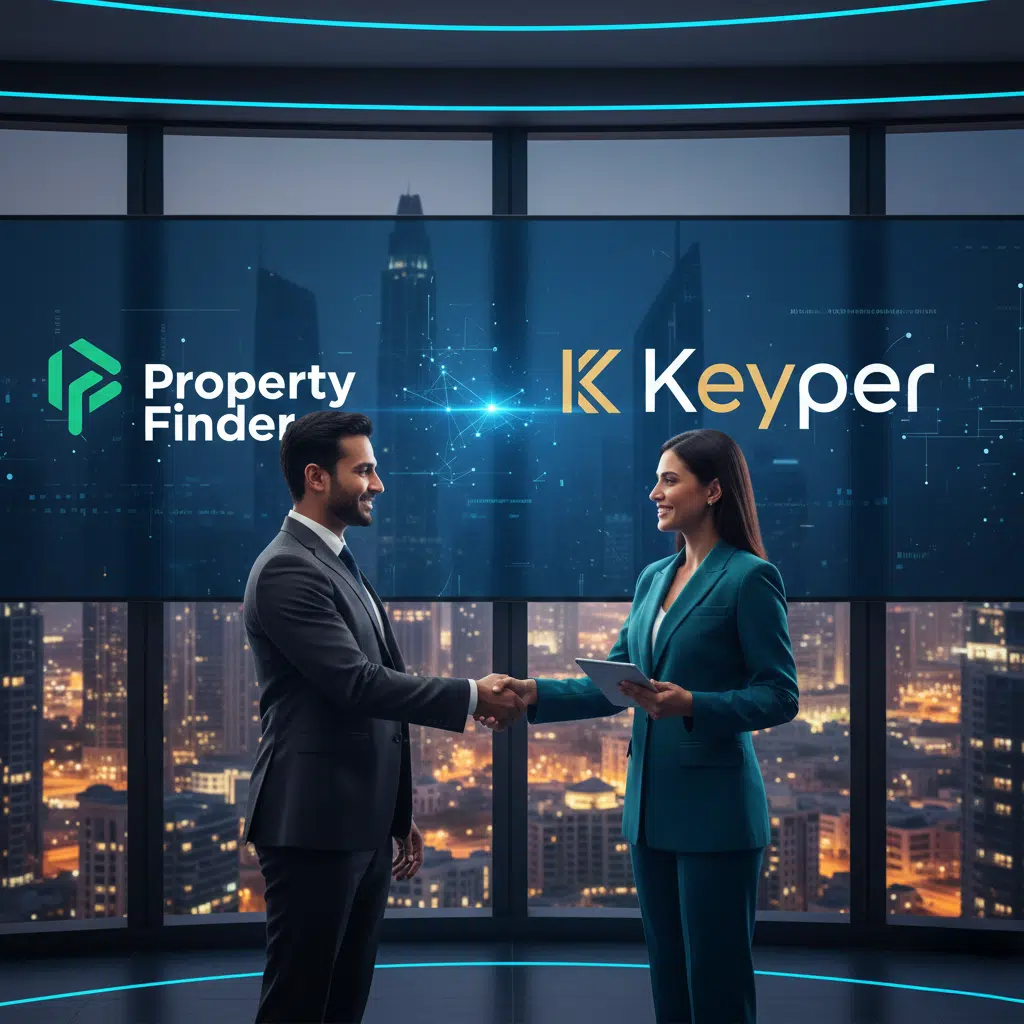 A man and woman in business attire shake hands in a modern office with cityscape views. Above them, logos for "Property Finder" and "Keyper" are displayed on digital screens.