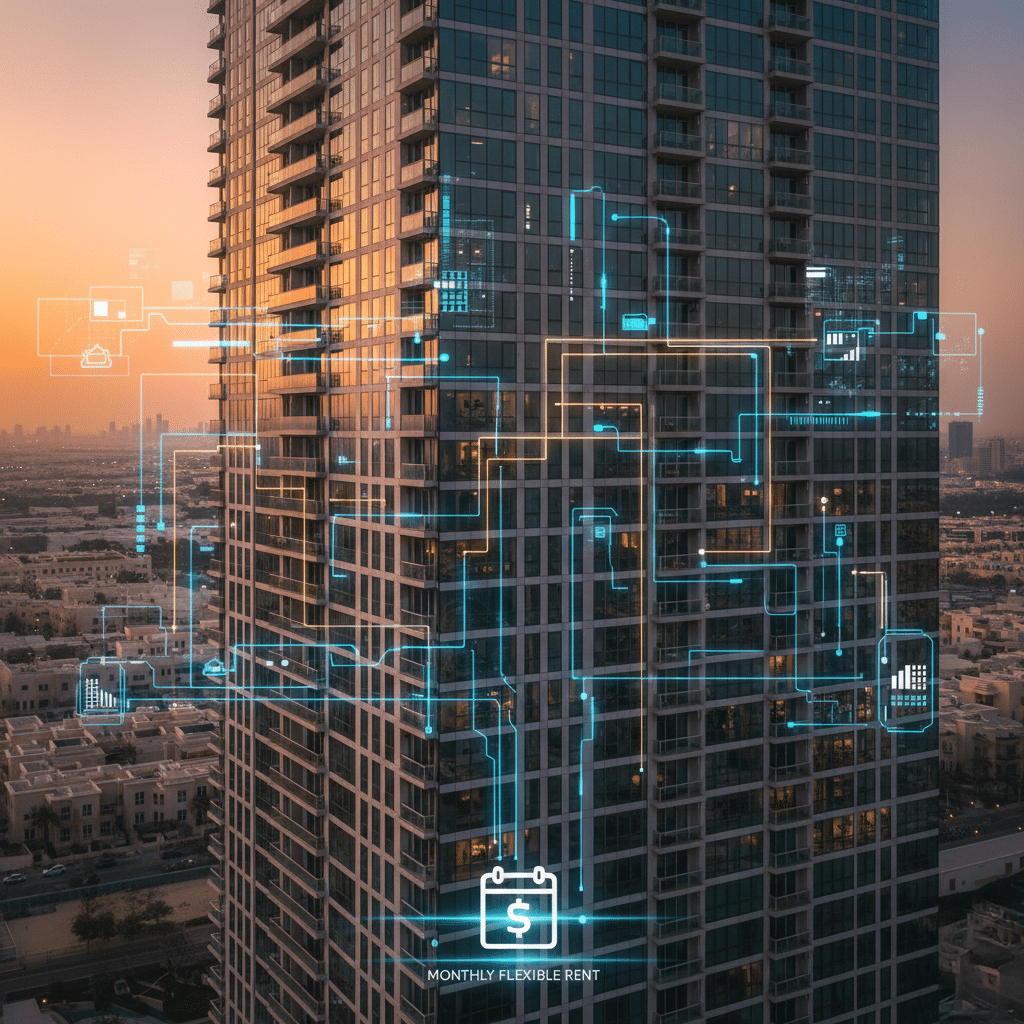 A tall residential building in a cityscape at sunset, overlaid with digital graphics and icons representing financial transactions and monthly flexible rent, symbolizing modern real estate management.
