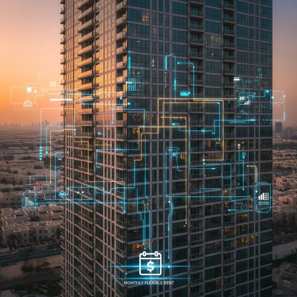 A tall residential building in a cityscape at sunset, overlaid with digital graphics and icons representing financial transactions and monthly flexible rent, symbolizing modern real estate management.