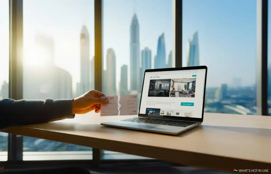 A person holding a rent check next to an open laptop displaying a real estate website, with a city skyline visible through a window in the background.