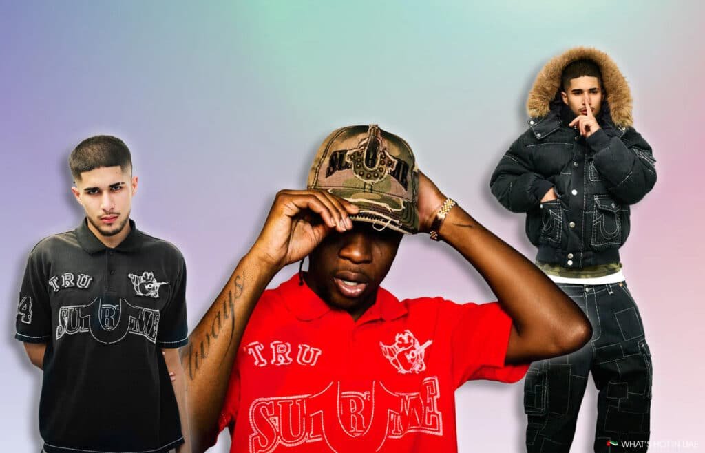 Three men posing in stylish streetwear apparel against a gradient background, each wearing clothing with bold logos and designs.