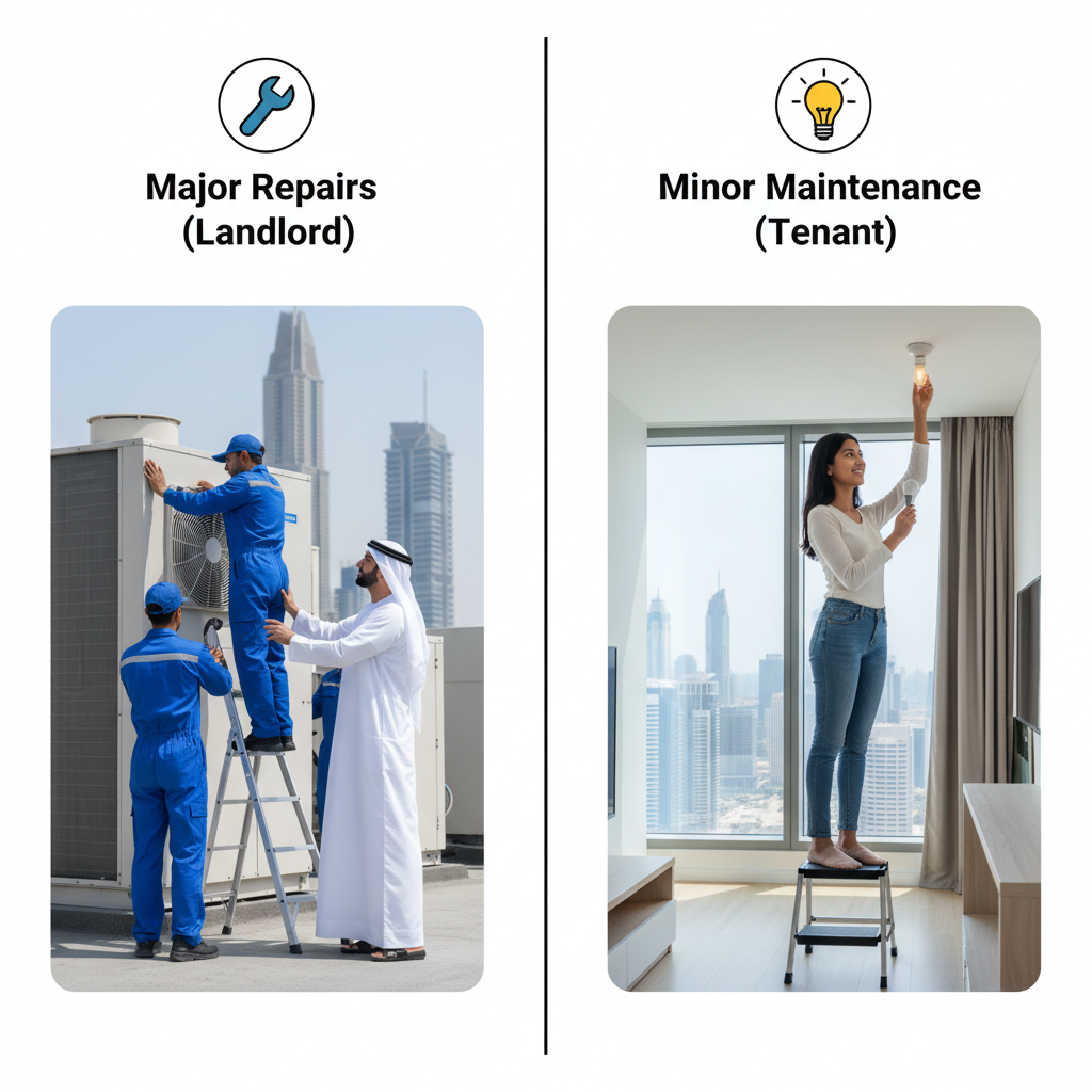 Tenant Rights: Split image depicting two scenarios: on the left, three men, including one in traditional Middle Eastern attire, conduct major repairs on an air conditioning unit on a rooftop; on the right, a woman standing on a step stool performs minor maintenance by changing a light bulb inside an apartment with a city view.