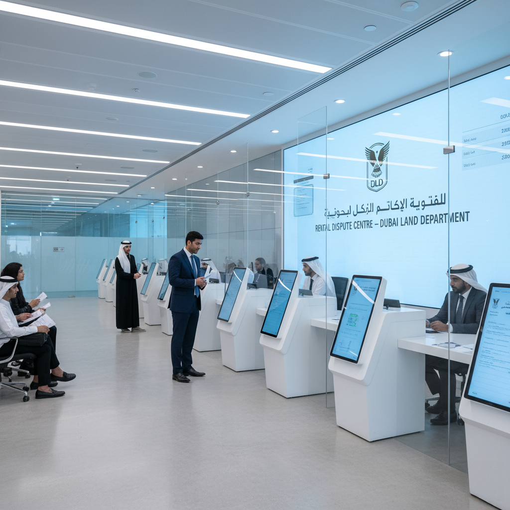 Interior of the Dubai Land Department's Rental rights Dispute Centre, featuring people interacting with touchscreen kiosks and seated at desks, in a modern and well-lit office space.