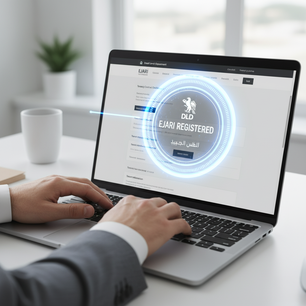 A person typing on a laptop showing a tenancy contract registration page, with a glowing holographic symbol labeled "DLD EJARI REGISTERED" overlayed on the screen.