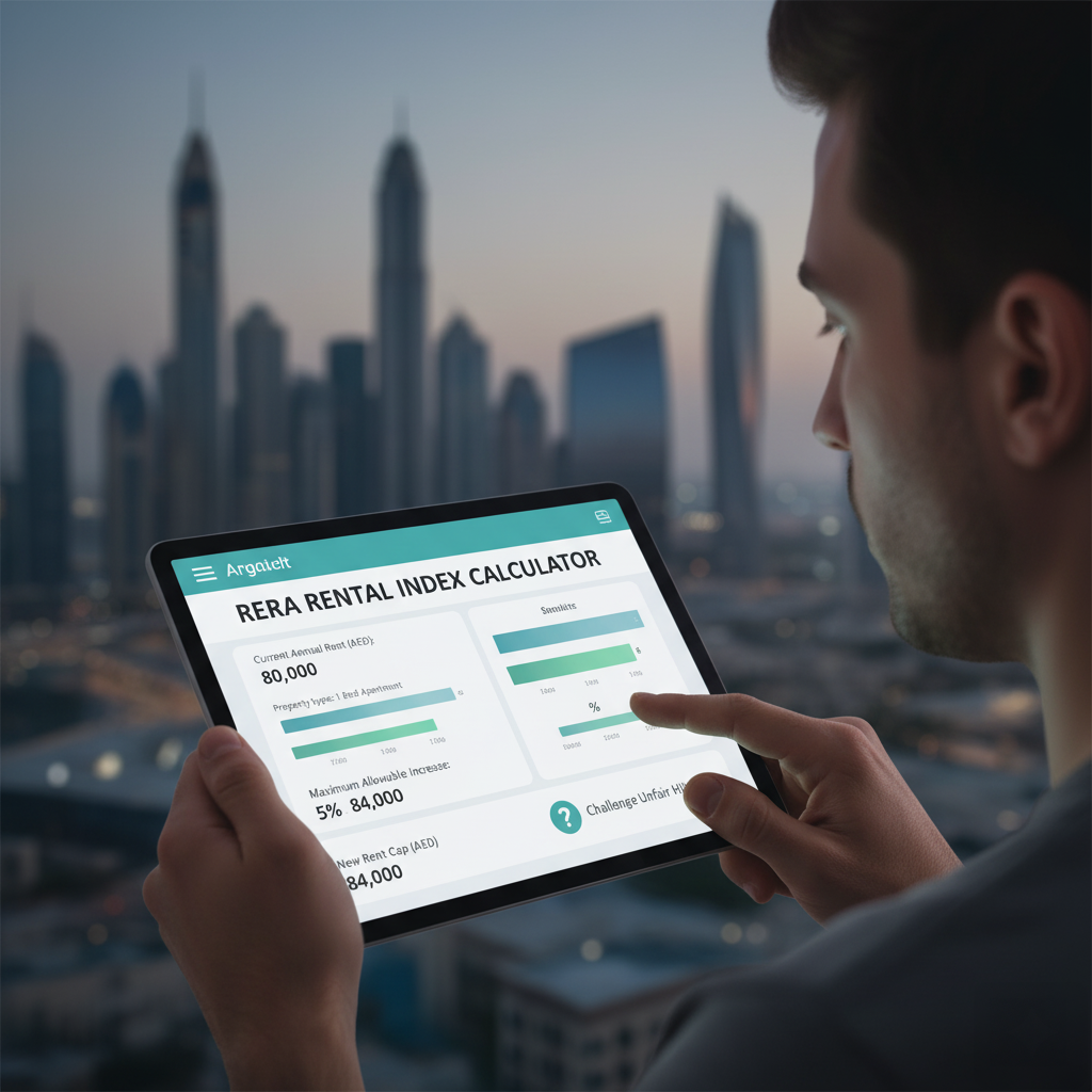A person holding a tablet displaying a RERA Rental Index Calculator app, with city skyscrapers visible in the blurred background during twilight.