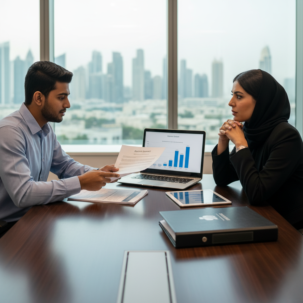 A man and a woman in a business meeting room, looking at documents and a laptop displaying a bar chart. The woman wears a hijab, and both are seated at a wooden conference table with a cityscape visible through the window behind them.