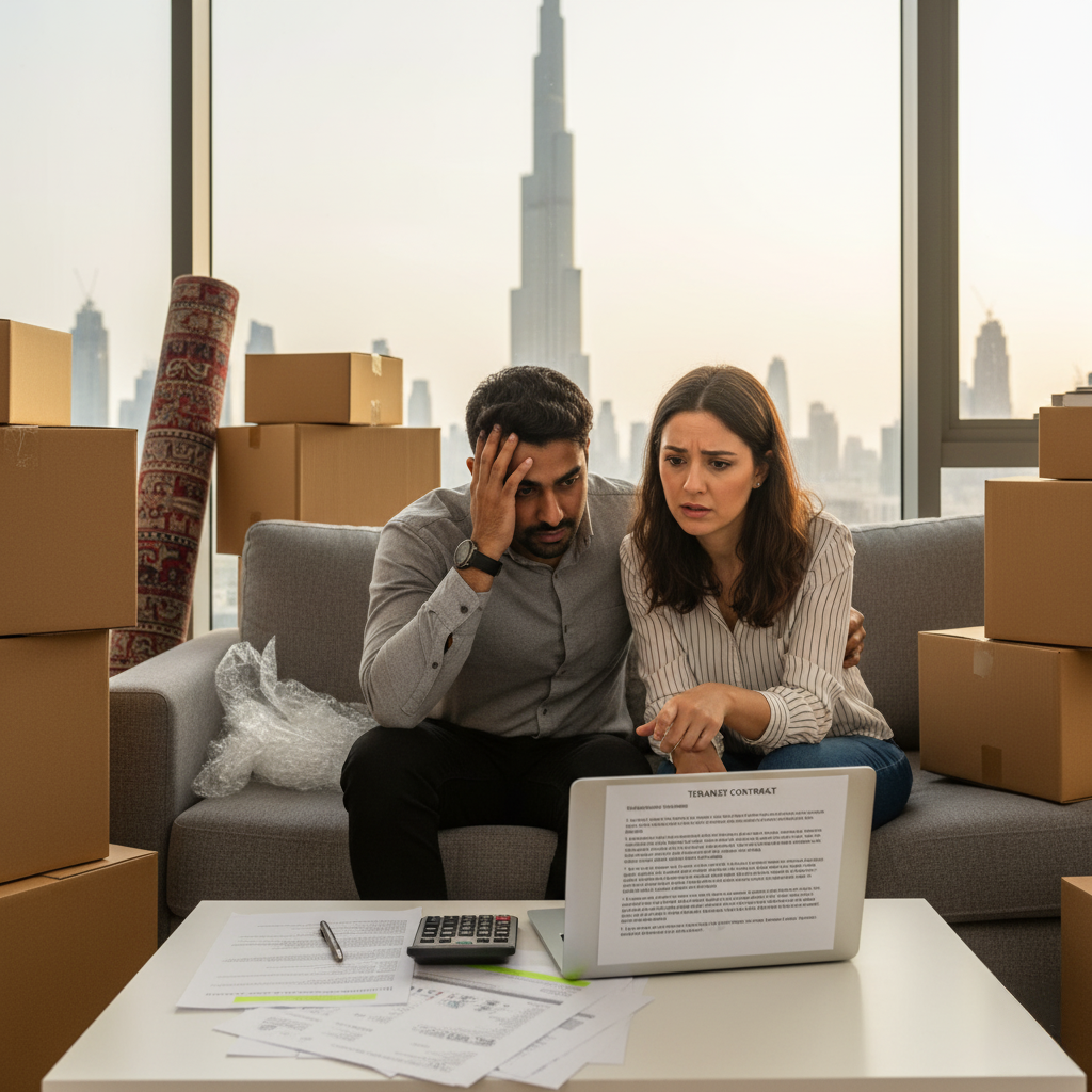 A couple sitting on a couch surrounded by moving boxes, looking worriedly at a laptop displaying the text 'TENANT RIGHTS,' with paperwork and a calculator on the table in front of them; a city skyline is visible through the window in the background.