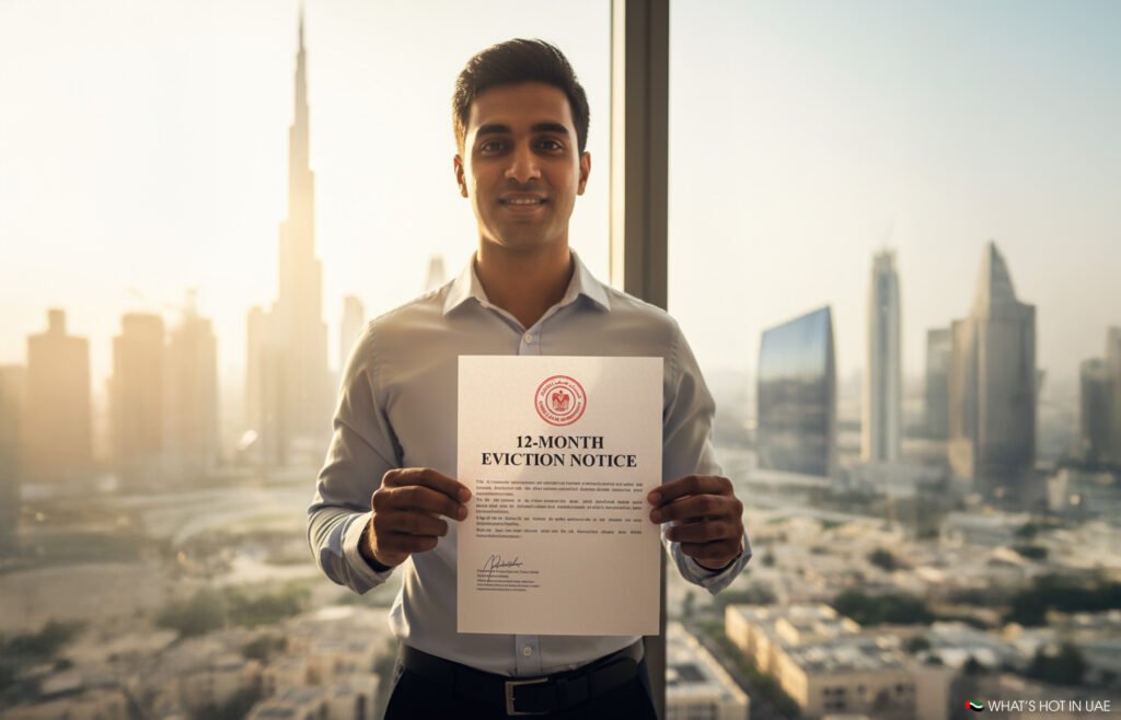 A man standing in front of a window with a city skyline, holding a document labeled '12-Month Eviction Notice.'