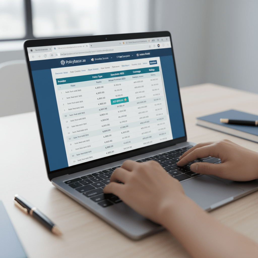 A person using a laptop displaying an insurance policy comparison table from a website called Policybazaar.ae. The table lists various providers, policy types, durations, premiums, coverage, and ratings. A green highlight indicates a specific premium, marked with a star, suggesting it is notable or recommended. A pen and notepad are on the desk beside the laptop.