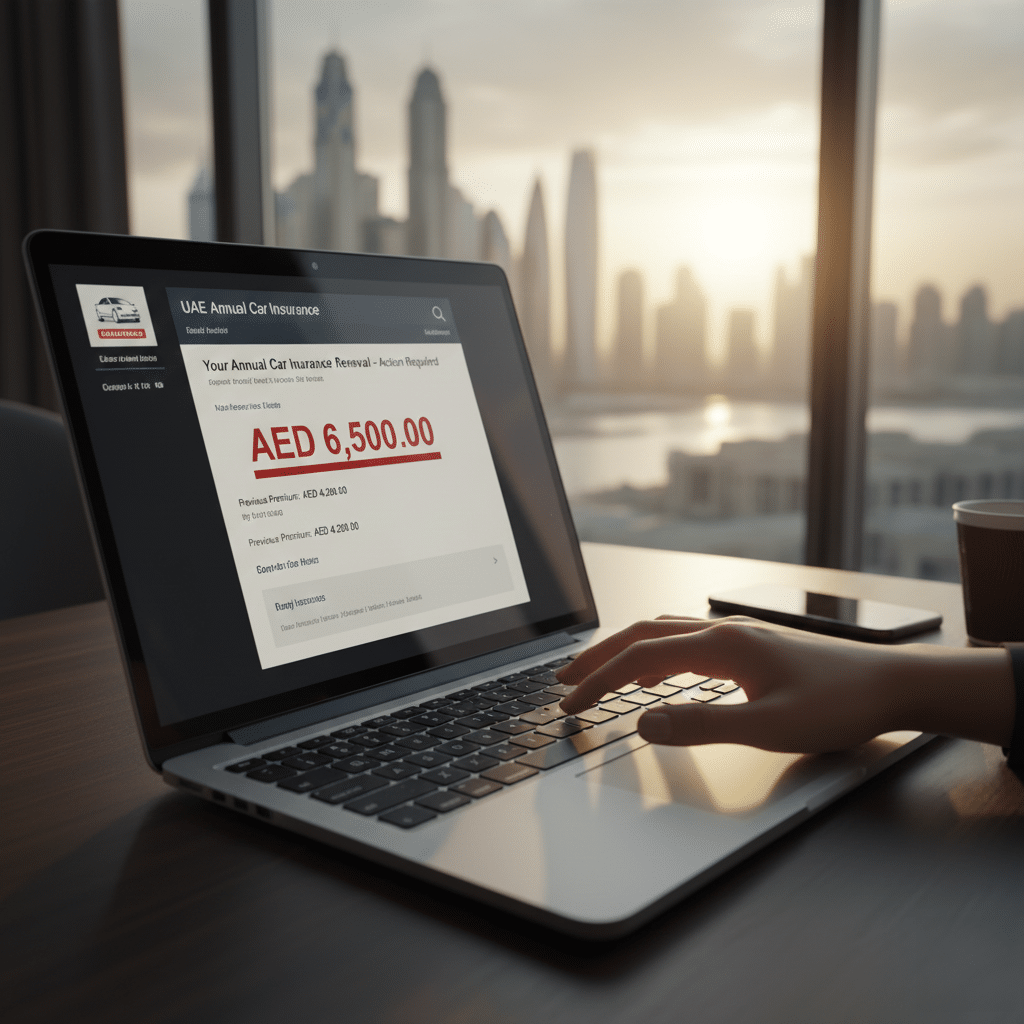 The Ultimate UAE Insurance Savings Playbook: A person using a laptop displaying a car insurance renewal form with a fee of AED 6,500, against a background of a city skyline at sunset.