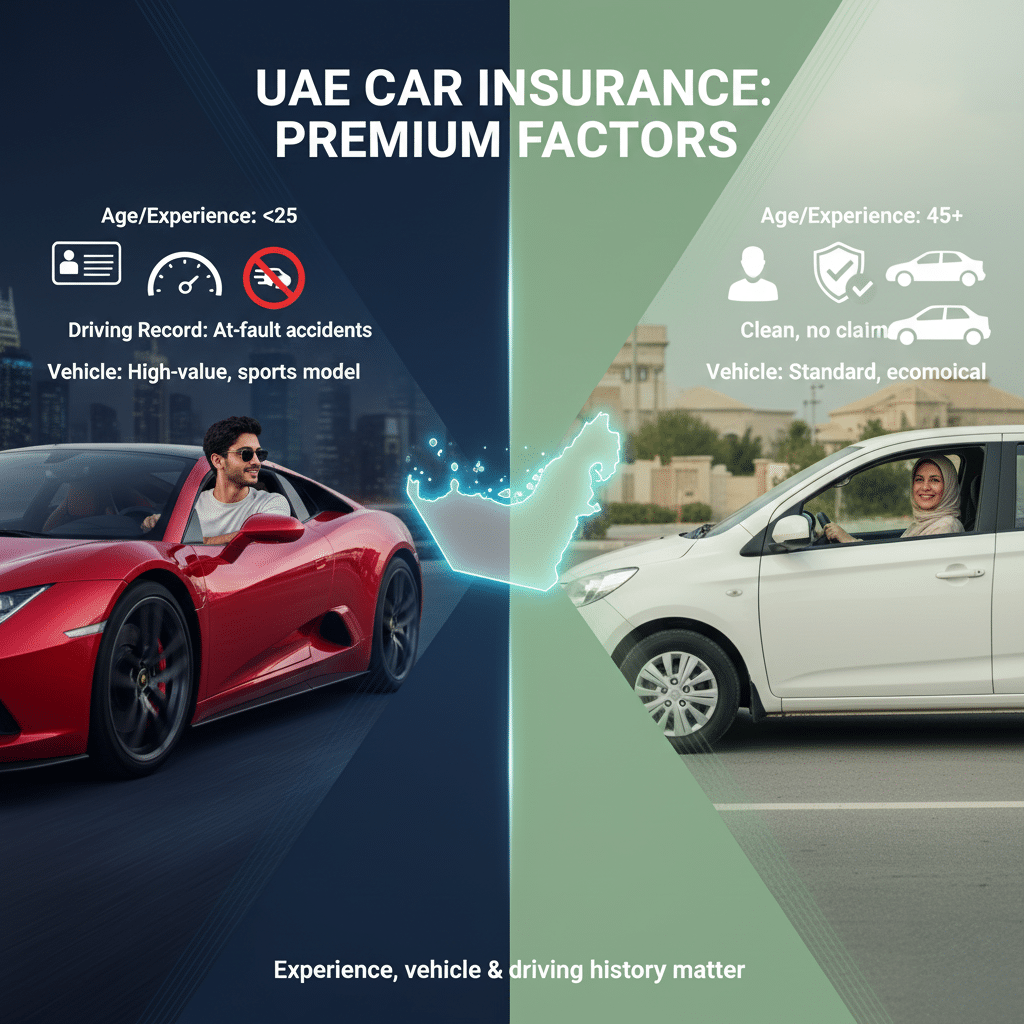 The Ultimate UAE Insurance Savings Playbook: A split image contrasting factors affecting car insurance premiums in the UAE. On the left, a young man driving a red sports car, labeled with 'Age/Experience: <25', 'Driving Record: At-fault accidents', and 'Vehicle: High-value, sports model'. On the right, a middle-aged woman driving a white economical car, labeled with 'Age/Experience: 45+', 'Clean, no claim', and 'Vehicle: Standard, economical'. The text 'UAE Car Insurance: Premium Factors' appears at the top, with an outline of the UAE in the center, and a note at the bottom reading 'Experience, vehicle & driving history matter'.