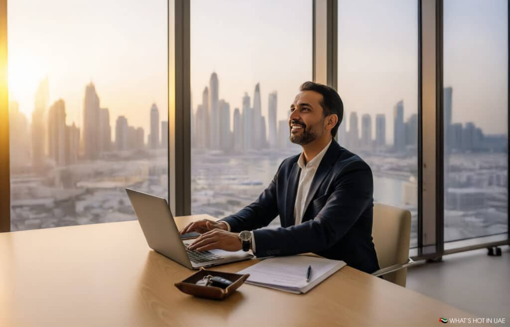 A man in a suit smiles while using a laptop at a desk, with a view of a city skyline through large windows, during sunset.