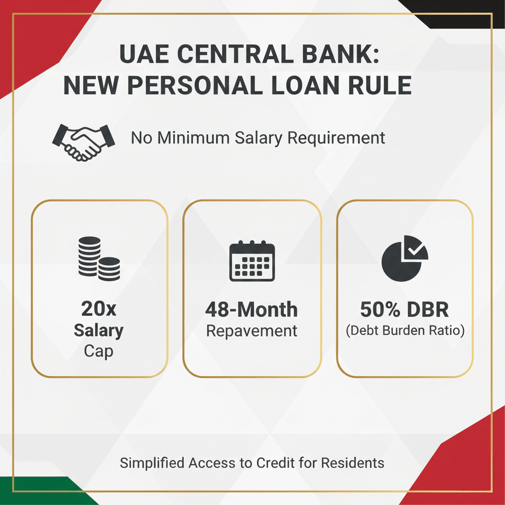 Infographic highlighting a new personal loan rule by the UAE Central Bank with no minimum salary requirement, a salary cap at 20 times the salary, 48-month repayment, and 50% Debt Burden Ratio, aiming for simplified access to credit for residents.