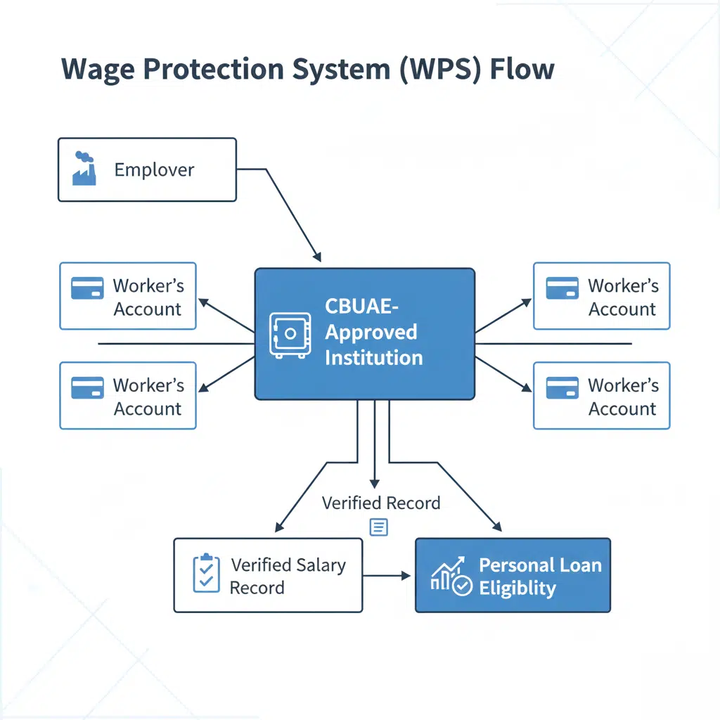 Flowchart illustrating the Wage Protection System (WPS) where an employer sends payment through a CBUAE-approved institution to multiple workers' accounts, which also creates verified salary records and assesses personal loan eligibility. UAE Central Bank - No Minimum Salary Requirement For Personal Loans