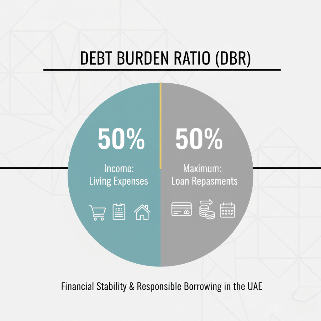 A pie chart titled "Debt Burden Ratio (DBR)" divided into two equal parts: left half shows 50% for "Income: Living Expenses" with icons of a shopping cart, calendar, and house; right half shows 50% for "Maximum: Loan Repayments" with icons of a credit card, coins, and calendar. Below, text reads "Financial Stability & Responsible Borrowing in the UAE." UAE Central Bank - No Minimum Salary Requirement For Personal Loans