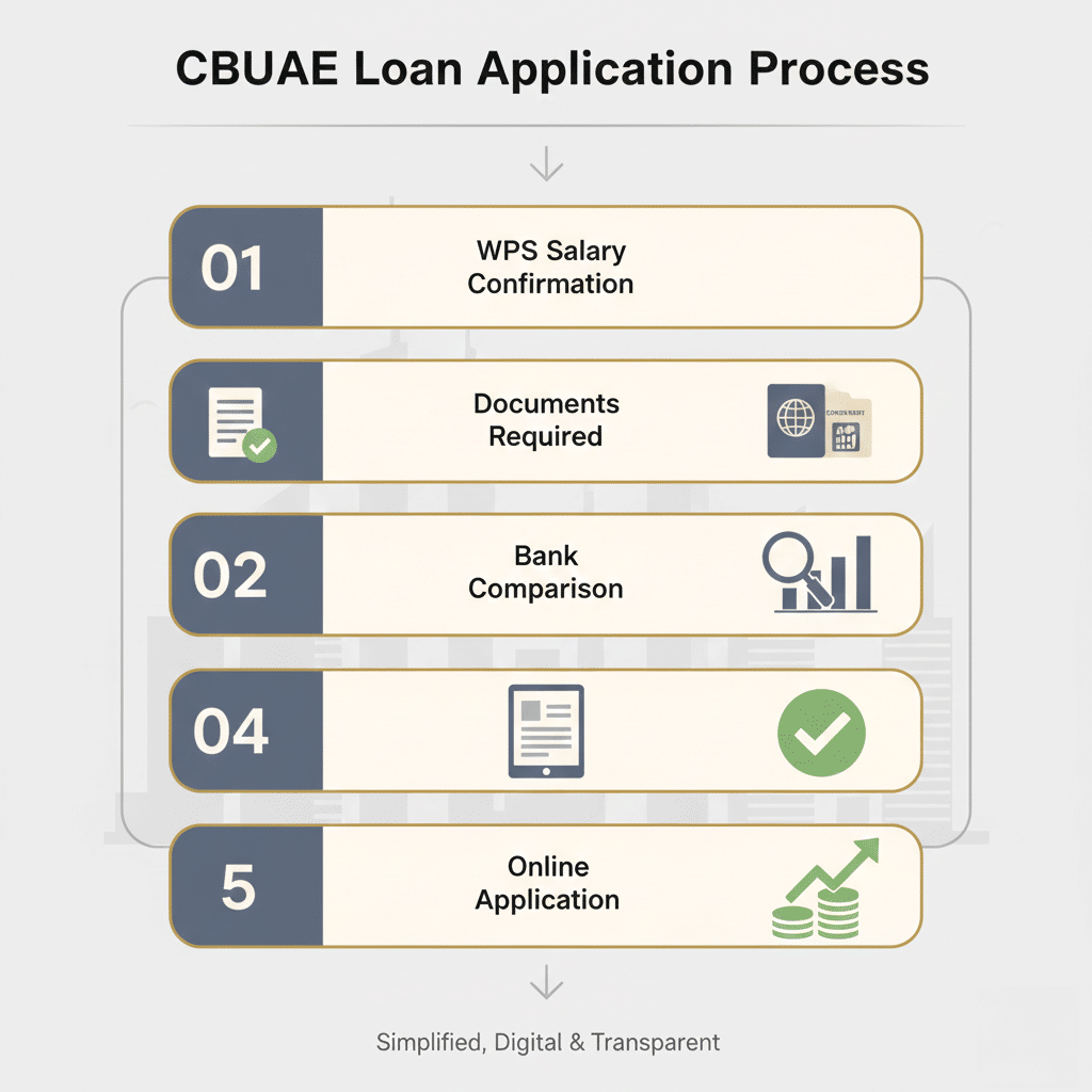 Flow chart illustrating the CB UAE Loan Application Process with five steps: (1) WPS Salary Confirmation, (2) Documents Required, (3) Bank Comparison, (4) Online Application, with each step featuring relevant icons like documents, magnifying glass, and checkmarks.