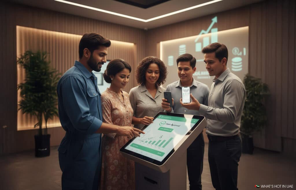 Five people standing around an interactive touchscreen displaying financial data, each holding a smartphone, in a modern office setting.