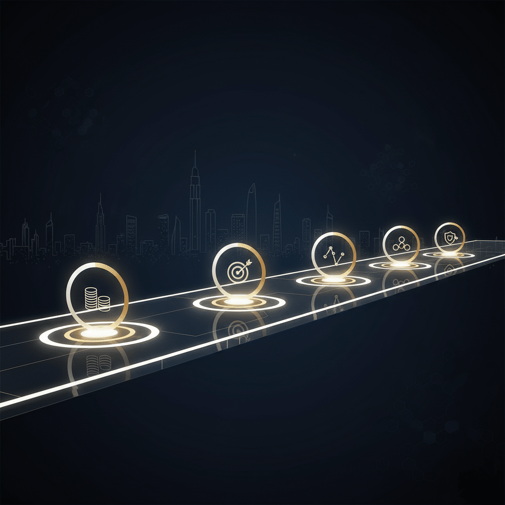 A futuristic representation of a pathway with glowing icons symbolizing finance, targets, analytics, networking, and security, set against a cityscape background.