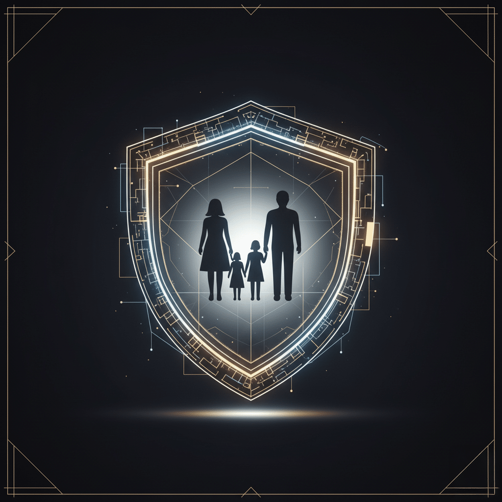 Silhouettes of a family holding hands inside a glowing digital shield, symbolizing protection and safety in a technology-themed design.