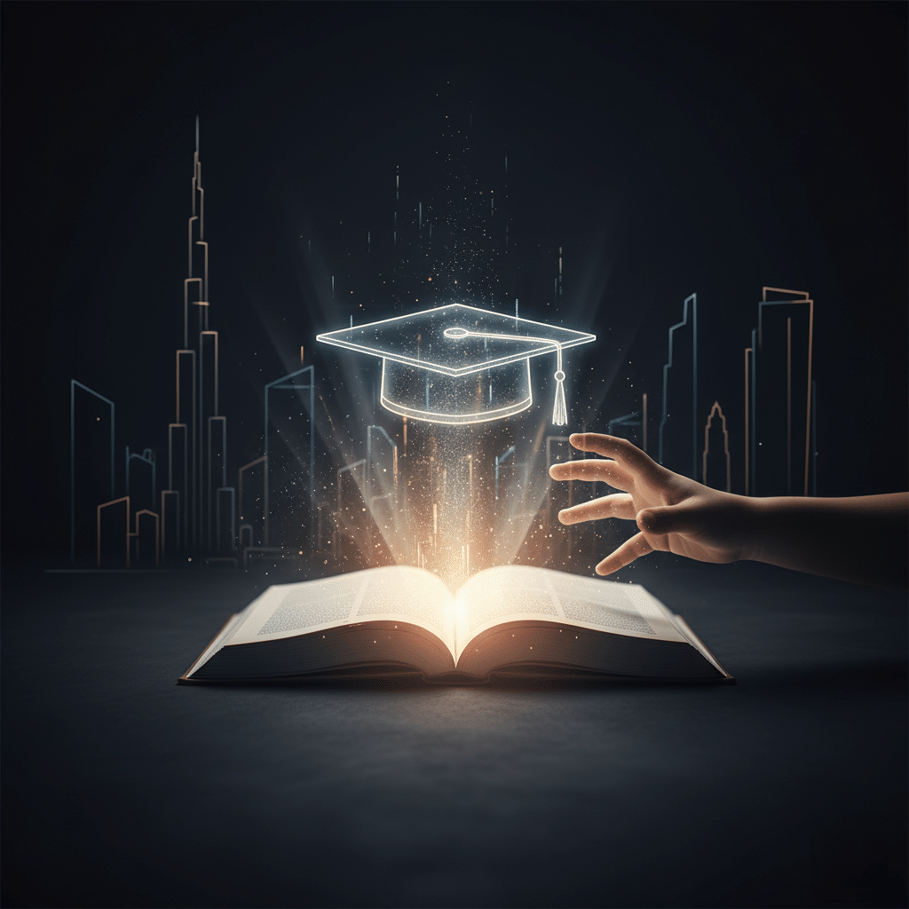 An open book emits a glowing light from which a digital UAE Family Insurance graduation cap appears, with a hand reaching towards it; a city skyline is faintly visible in the background.