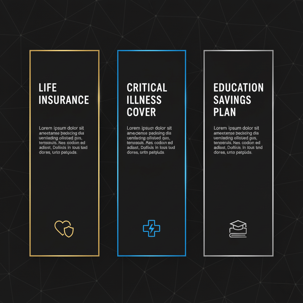 A dark-themed infographic with three vertical sections labeled 'Life Insurance,' 'Critical Illness Cover,' and 'Education Savings Plan.' Each section includes a brief Latin placeholder text description and an icon representing its topic: a heart and shield for UAE Family Insurance, a medical cross for critical illness cover, and a graduation cap and book for education savings plan.