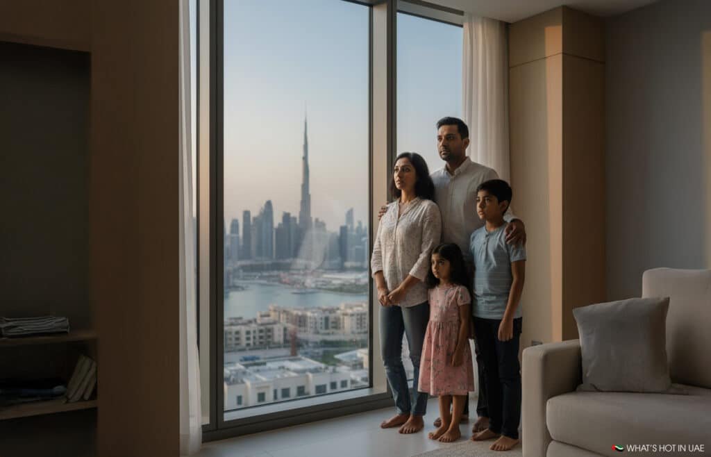 A family of four standing by a large window with a view of the city skyline, including the Burj Khalifa, in the background.