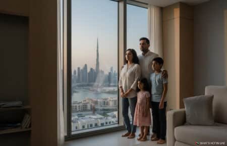 A family of four standing by a large window with a view of the city skyline, including the Burj Khalifa, in the background.