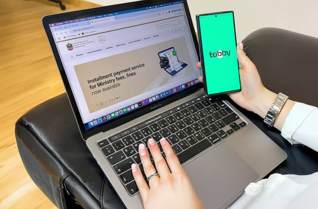 A person using a MacBook Pro laptop displaying a government website while holding a smartphone showing the Tabby app logo.