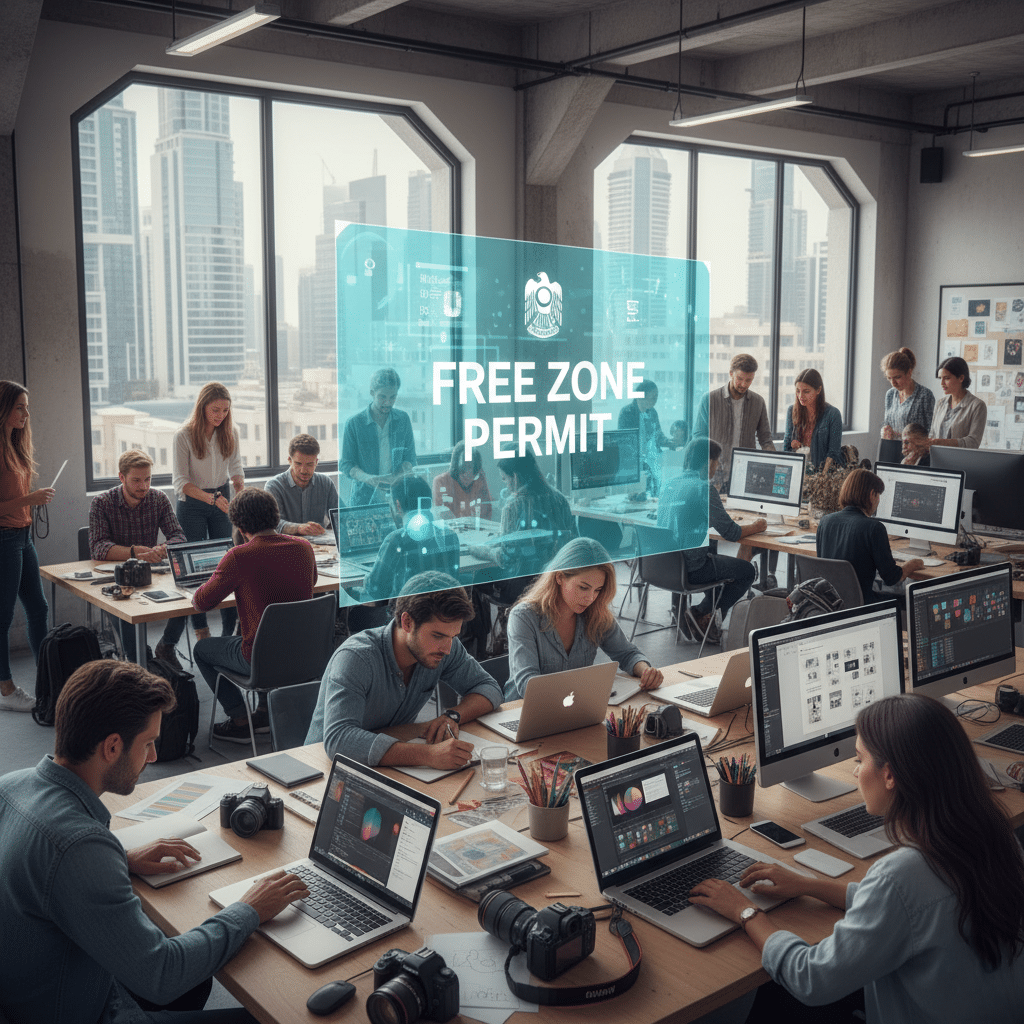 A modern office with many people working at computers and a digital overlay displaying 'UAE Freelance Visa Free Zone Permit'.