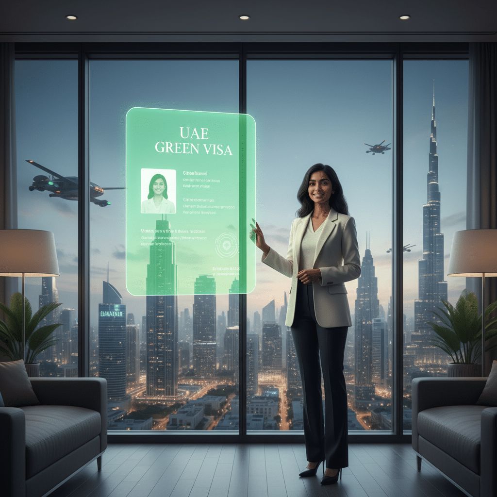 A woman stands in a modern high-rise office with a futuristic digital interface displaying 'UAE Freelance Visa Green' in front of her. The Dubai skyline, including the Burj Khalifa, is visible through the large window behind her, with flying vehicles in the sky. She is smiling and wearing a business suit.