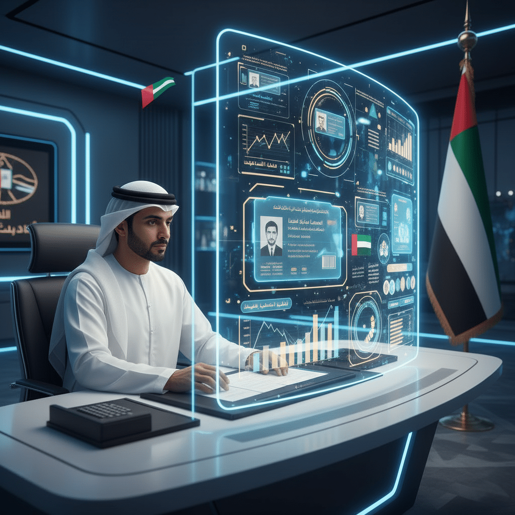 A man wearing a traditional white kandura and keffiyeh sits at a futuristic desk with a large, translucent digital display in front of him showing graphs and data, with a flag of the United Arab Emirates in the background.