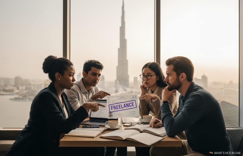 A group of four people in a meeting around a table with laptops and notebooks, with a large window view of a city skyline featuring a tall skyscraper in the background. One individual is holding a document labeled 'Freelance.'