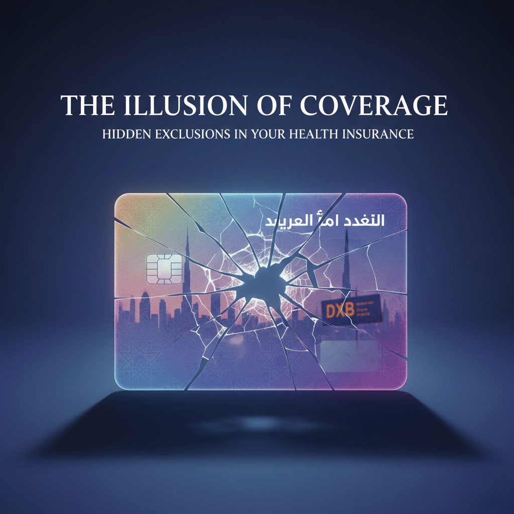 A credit card with a shattered appearance featuring a skyline backdrop and Arabic text, overlaid with the words "The Illusion of UAE Health Insurance Coverage" and "Hidden Exclusions in Your Health Insurance."
