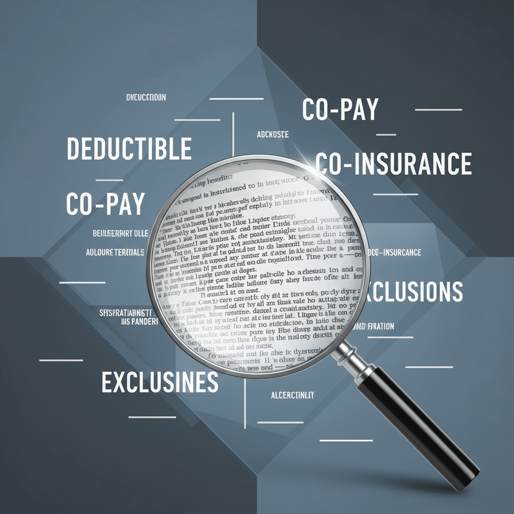 A magnifying glass focusing on text, surrounded by words like 'DEDUCTIBLE,' 'CO-PAY,' 'CO-INSURANCE,' and 'EXCLUSIONS,' indicating UAE Health Insurance-related terms.