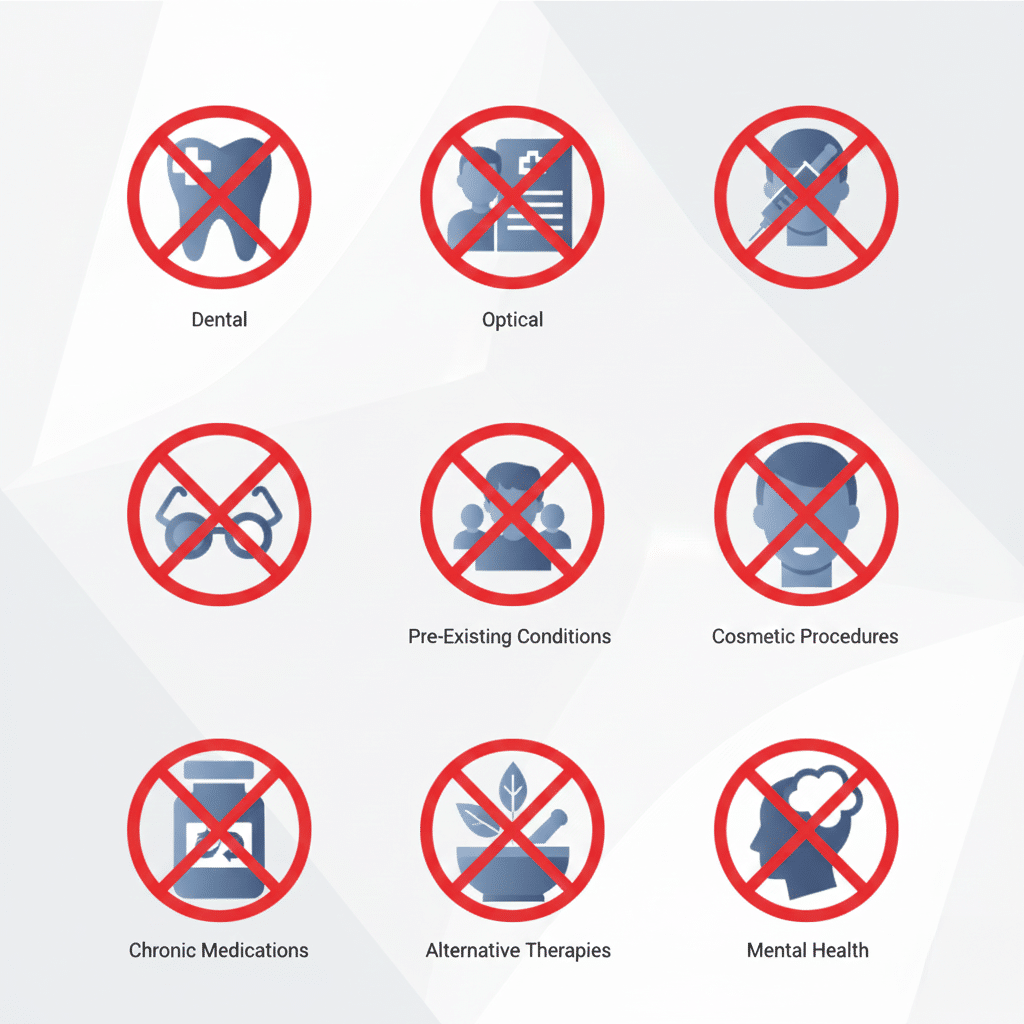 A grid of illustrations showing nine medical-related categories, each crossed out with a red circle and line: Dental, Optical, Pre-Existing Conditions, Cosmetic Procedures, Chronic Medications, Alternative Therapies, and Mental Health.