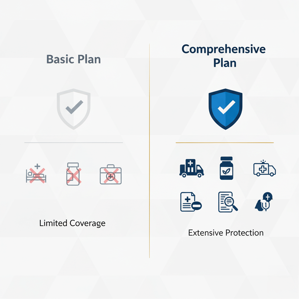 Comparison chart showing a Basic Plan with limited coverage and a Comprehensive Plan with extensive protection, featuring icons representing different levels of healthcare services offered by each plan.