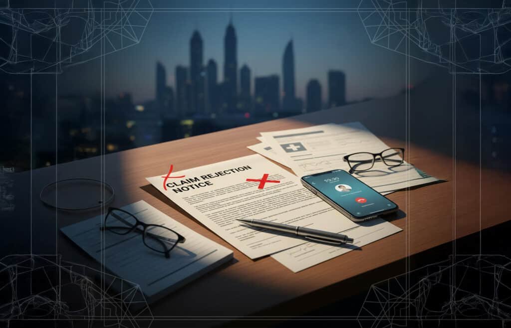 A desk with a "Claim Rejection Notice" paper marked with red crosses, a smartphone showing an incoming call, eyeglasses, and a pen, with a cityscape visible through a window at dusk.