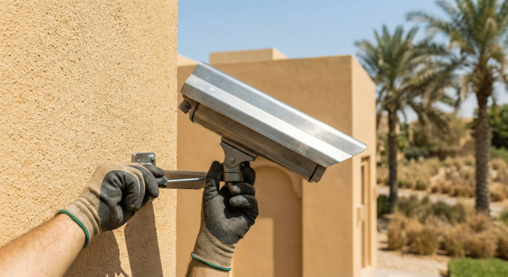 Person wearing gloves installing a security camera on a beige stucco building with palm trees in the background.