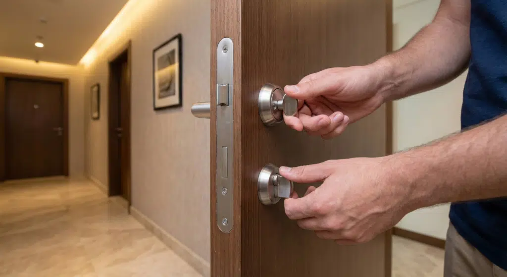 A person locking a wooden door with a Dubai Home Security silver deadbolt lock in a hallway with framed pictures on the wall.
