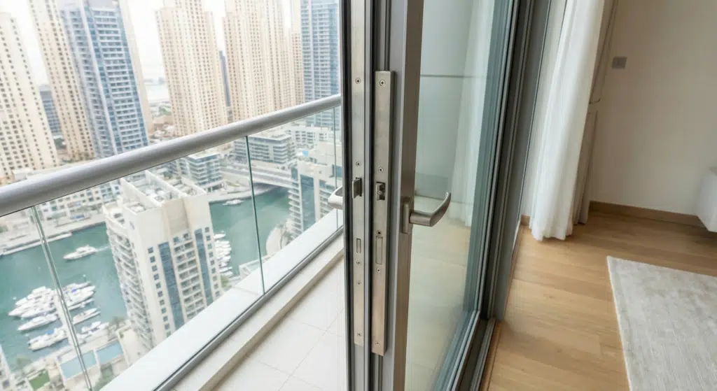View of a cityscape with high-rise buildings and a marina seen through an open glass door leading to a balcony.