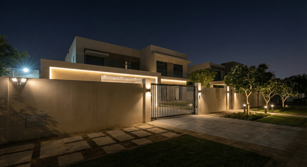 A modern, illuminated house at night with a gated entrance and landscaped garden path.