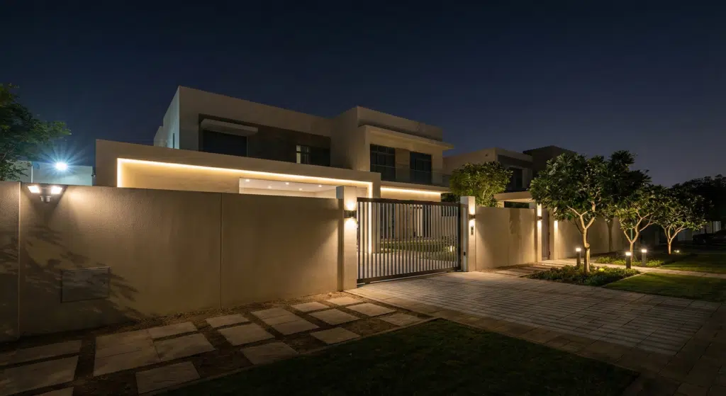 A modern, illuminated house at night with a gated entrance and landscaped garden path.