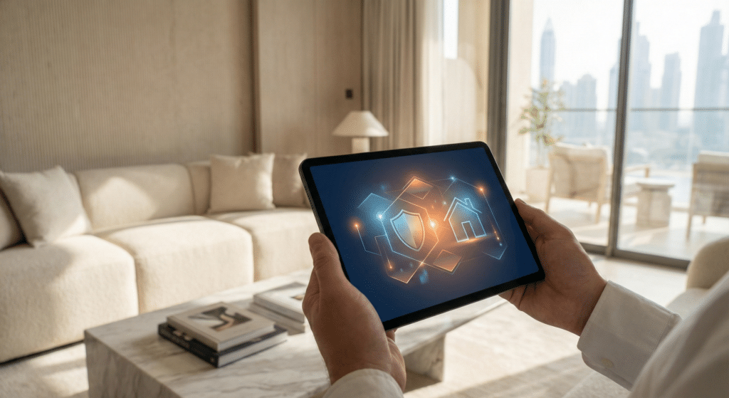 A person holding a tablet displaying smart home security icons in a modern living room with a large window overlooking a cityscape.