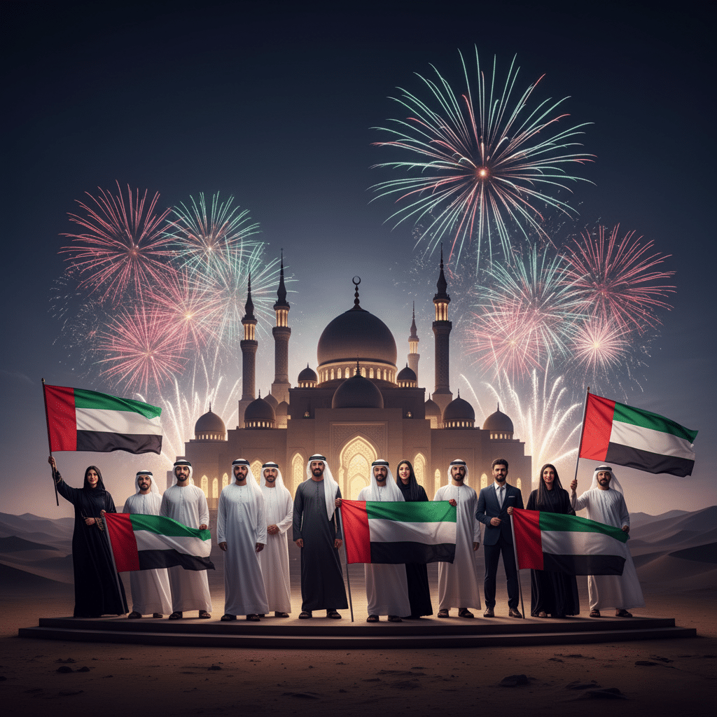 UAE National Day 2025 Fireworks: A group of people in traditional and formal attire stand proudly holding United Arab Emirates flags in front of a grand mosque. The night sky is lit up with vibrant fireworks.