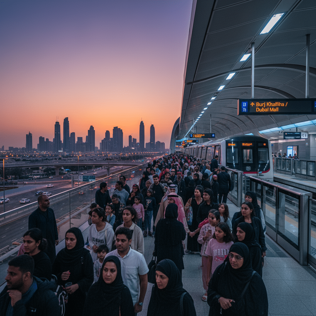 UAE National Day 2025 Fireworks: A busy metro station platform at sunset with many people walking, a metro train on the right side, and a city skyline in the background.