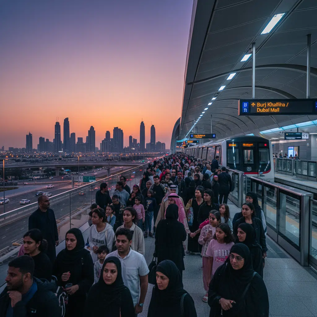 UAE National Day 2025 Fireworks: A busy metro station platform at sunset with many people walking, a metro train on the right side, and a city skyline in the background.