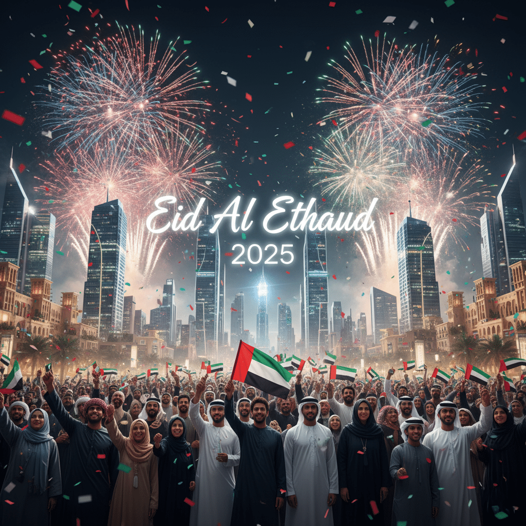 UAE National Day 2025 Fireworks: A festive crowd celebrating with fireworks and flags against a city skyline, marked with the text 'Eid Al Ethaud 2025'.